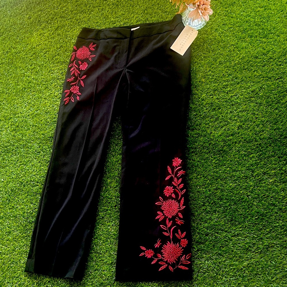 Black Pants with Red Floral Embroidery